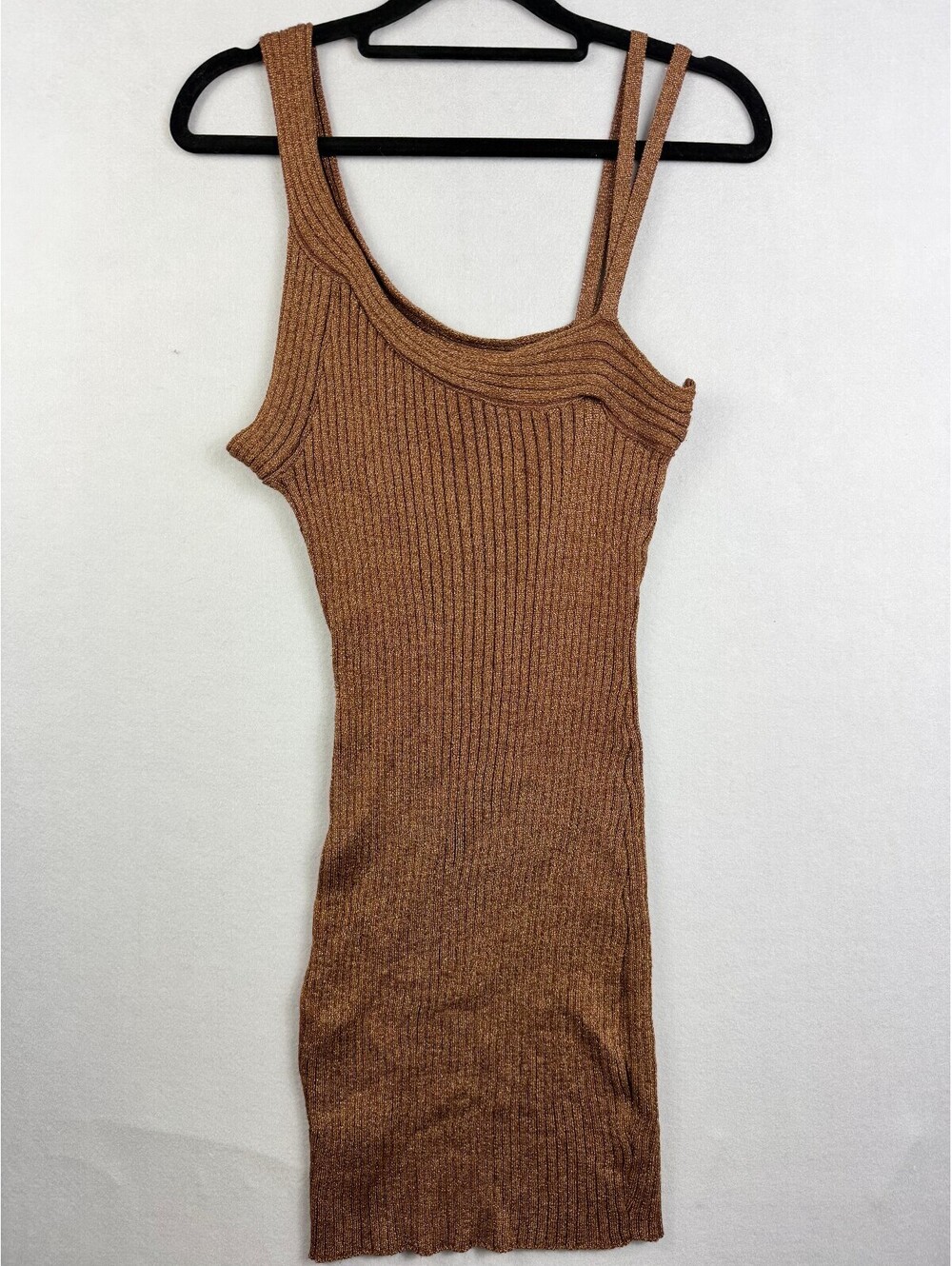 Superdown Bronze Metallic Ribbed Bodycon Mini Dress Women's M Asymmetric Strap
